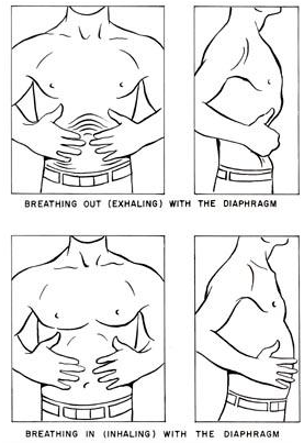Pravilno disanje dijafragmom (ošitom), gornja slika pokazuje udisaj, donja slika prikazuje izdisaj.