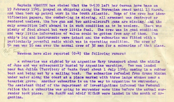 Izvješće vojnog atašea iz Buenos Airesa o Hitlerovoj nazočnosti na spornoj podmornici.