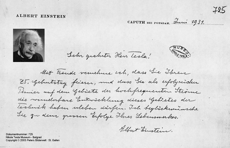 Einsteinova čestitka Tesli za njegov 75-ti rođendan.
